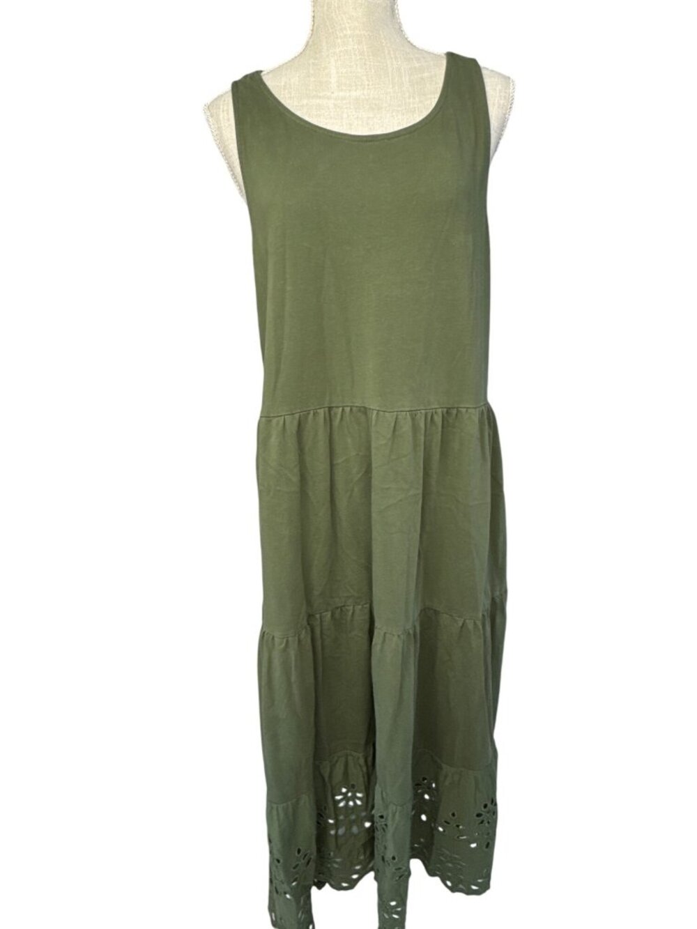 J.Crew Olive Green Sleeveless Tiered Midi Dress Eyelet Hem Cotton XL